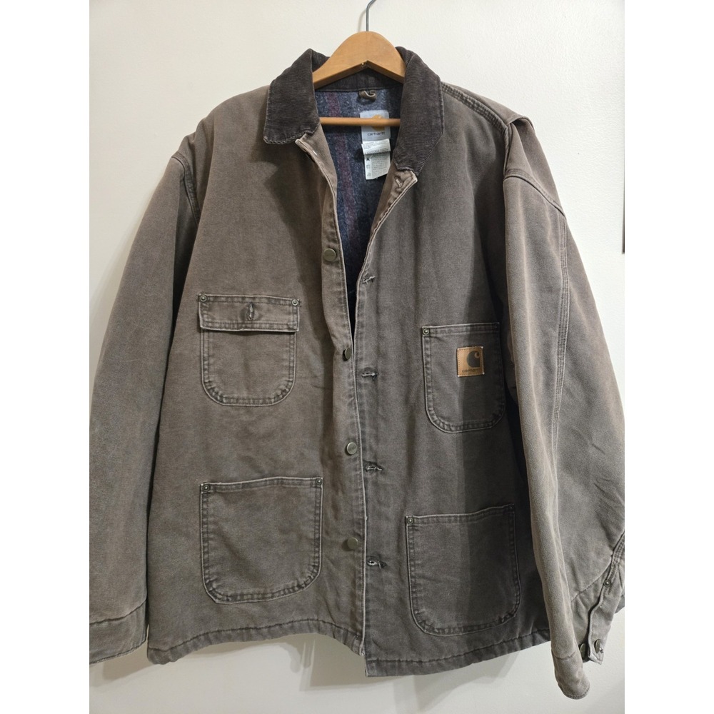 Vintage Carhartt Duck Chore Jacket Brown Blanket Lined Corduroy Collar Mens 2XL